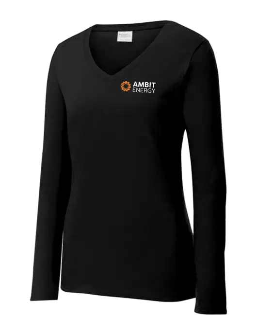 Womens V-Neck Ring Spun Jet Black 4.5 oz Long Sleeve T-Shirt w/Ambit Logo