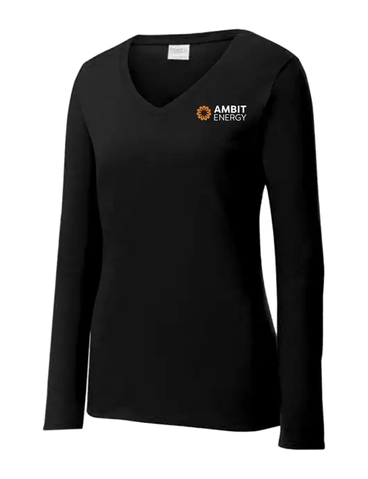 Womens V-Neck Ring Spun Jet Black 4.5 oz Long Sleeve T-Shirt w/Ambit Logo