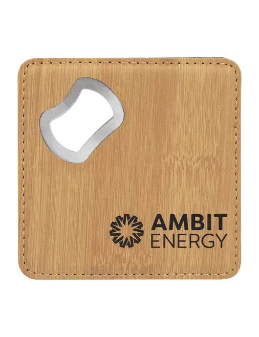 Bamboo Leatherette Coaster with Bottle Opener w/Ambit Logo 