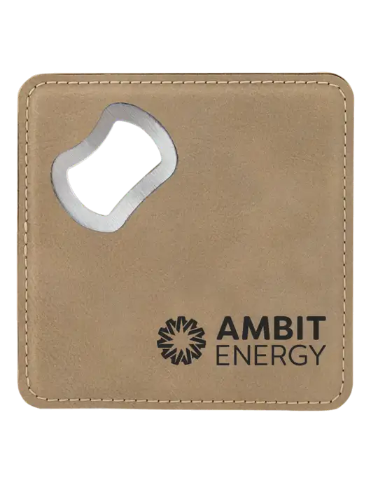 Tan Leatherette Bottle Opener Coaster w/Ambit Logo 