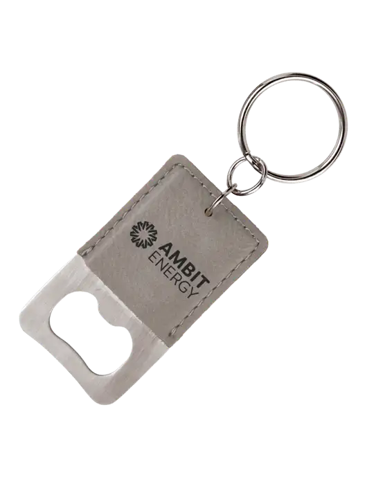 Grey Leatherette Rectangle Bottle Opener Keychain w/Ambit Logo 