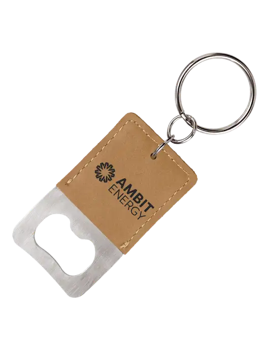 Tan Leatherette Rectangle Bottle Opener Keychain w/Ambit Logo 