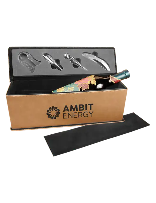 Tan Leatherette Single Wine Box with Tools w/Ambit Logo 