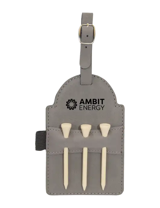 Grey Leatherette Golf Bag Tag with 3 Wooden Tees w/Ambit Logo 